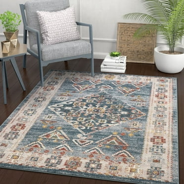 7'10 x 10'6 Well Woven Sella Beige & Blue Vintage Tribal Area Rug 8x11 